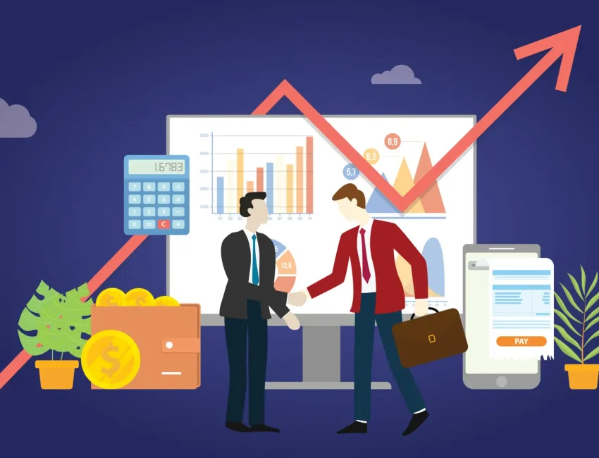 b2b business to business marketing deal agreement between two company with some graph and chart statistic data - vector illustration