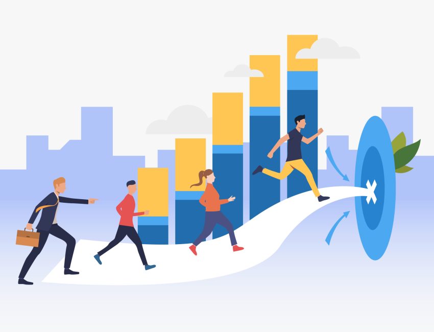 Workers running to target with bar chart in background. Goal, competition, growth, success concept. Can be used for topics like business, finance, marketing