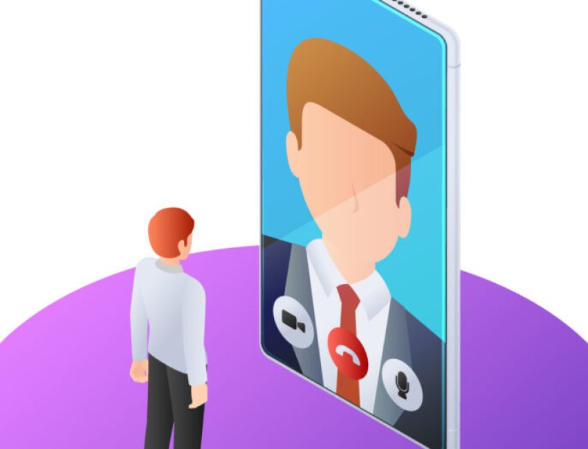 3d isometric businessman having video call with boss on smartphone. Online business consulting and video call technology concept.