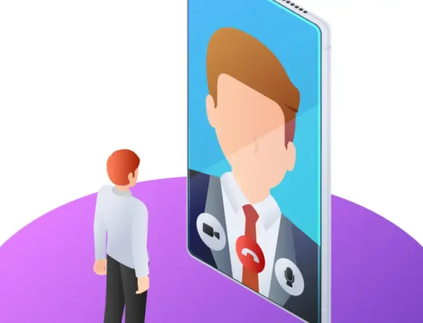 3d isometric businessman having video call with boss on smartphone. Online business consulting and video call technology concept.