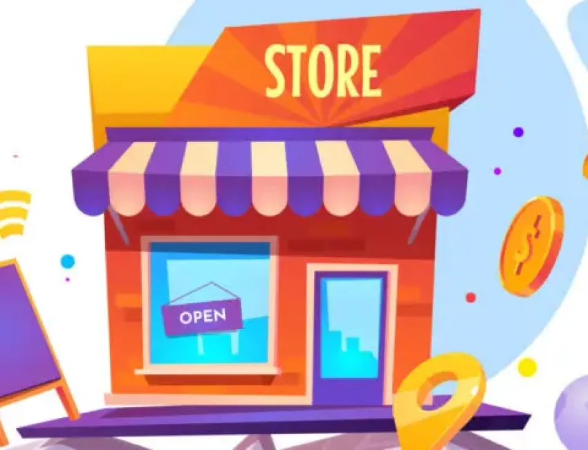 Local business marketing banner template. Seo, start up project financing support service. Small business, shop or store building stand on map. Market construction city project, cartoon illustration