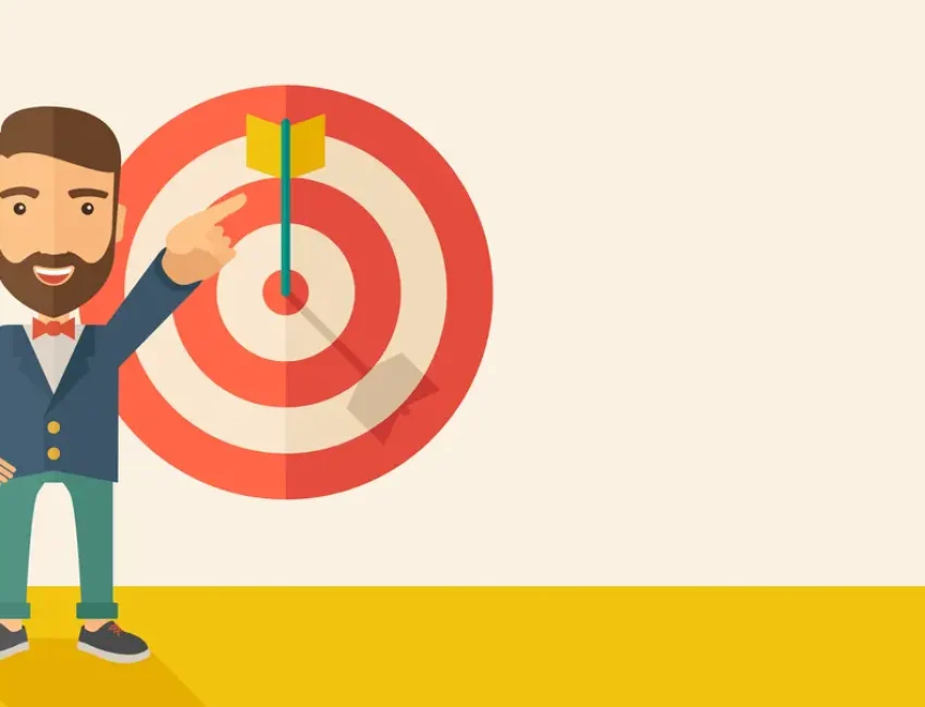 A bookkeeping salesman happy standing while his hand pointing to the arrow from target pad shows that he hit his target sales. Business concept. A Contemporary style with pastel palette, soft beige