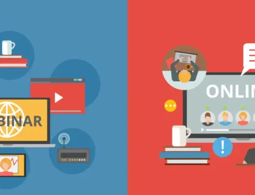 2x2 flat design concept set of webinar online education and online cooperation compositions flat vector illustration
