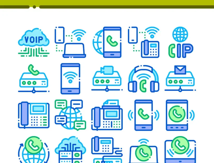 Voip Calling System Collection Icons Set Vector Thin Line. Server For Voice Ip And Cloud, Smartphone And Phone, Wifi Mark And Headphones Concept Linear Pictograms. Color Contour Illustrations