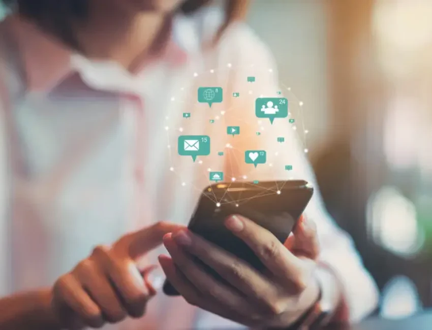 Woman hand using smartphone and show technology icon social media. Concept social network.