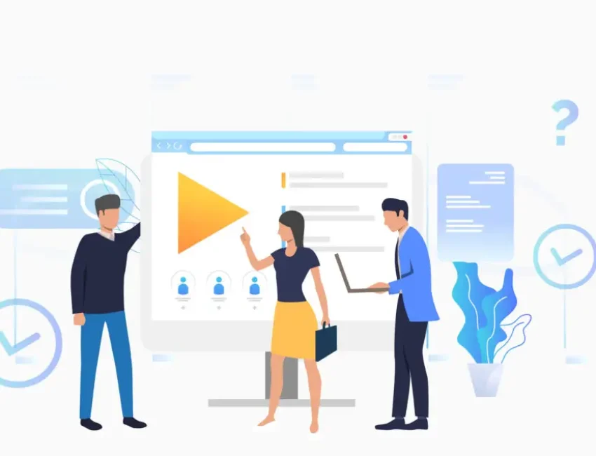 Businessmen and businesswoman talking at desktop vector illustration. Online training, distance learning, e-learning. Online courses concept. Can be used for landing pages, presentations, layouts