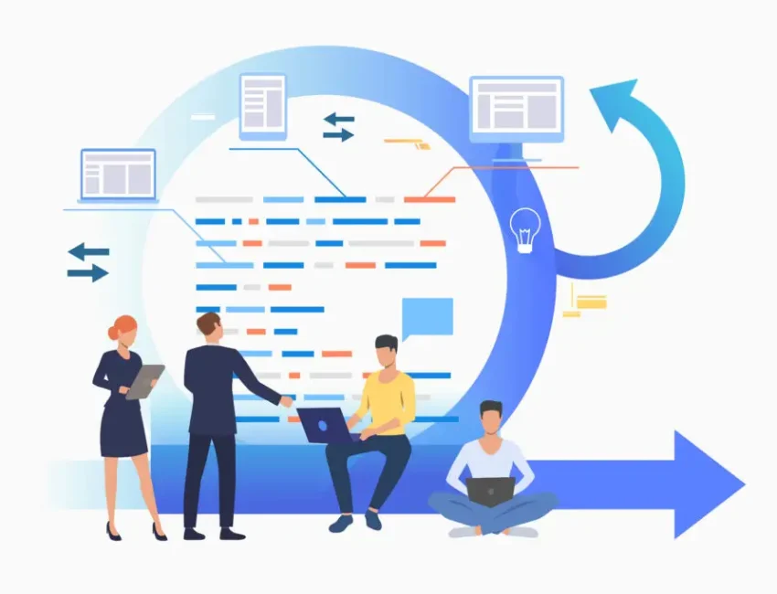 Teem discussing project at Kanban board. Scrum meeting, conversation, working on laptop. Business concept. Vector illustration can be used for presentation slides, landing pages, posters