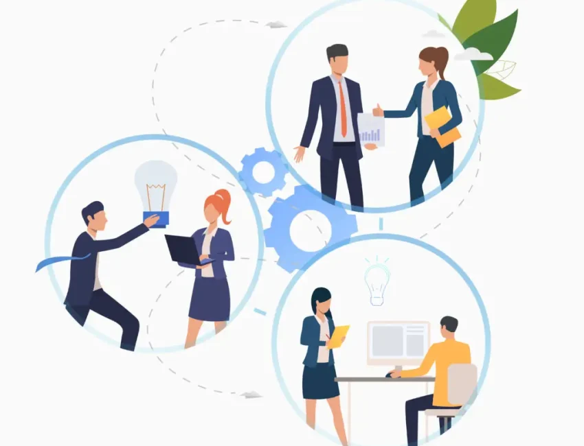 Professionals working on startup, approving sale report, presenting and discussing new ideas. Business concept. Vector illustration can be used for startup, office, communication