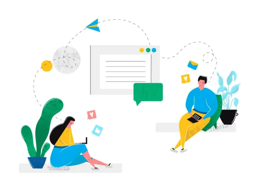 Online virtual relationships dating in social networks chat rooms in internet. Man and woman communicate on laptop with each other sitting at home. Internet virtual reality. Vector illustration